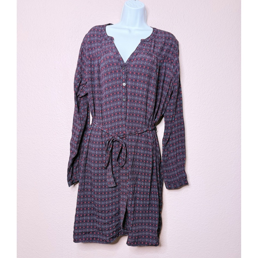 Gap Navy Geometric Print Rayon Shirt Dress Long Sleeve Tie Waist XL 465568-00 - Picture 2 of 11